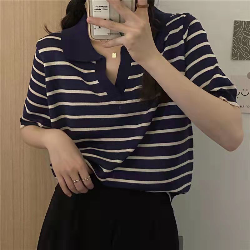 Áo Thun polo Ngắn Tay Cổ Chữ v Họa Tiết Kẻ Sọc Thời Trang Mùa Hè Hàng Mới Dành Cho Nữ