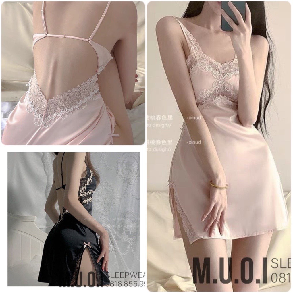 Váy ngủ sexy Quảng Châu[FREESHIP]-Sx 63 Váy ngủ lụa phối hoa kèm ren bản to mút ngực QCCC Muối Sleepwear-sẵn