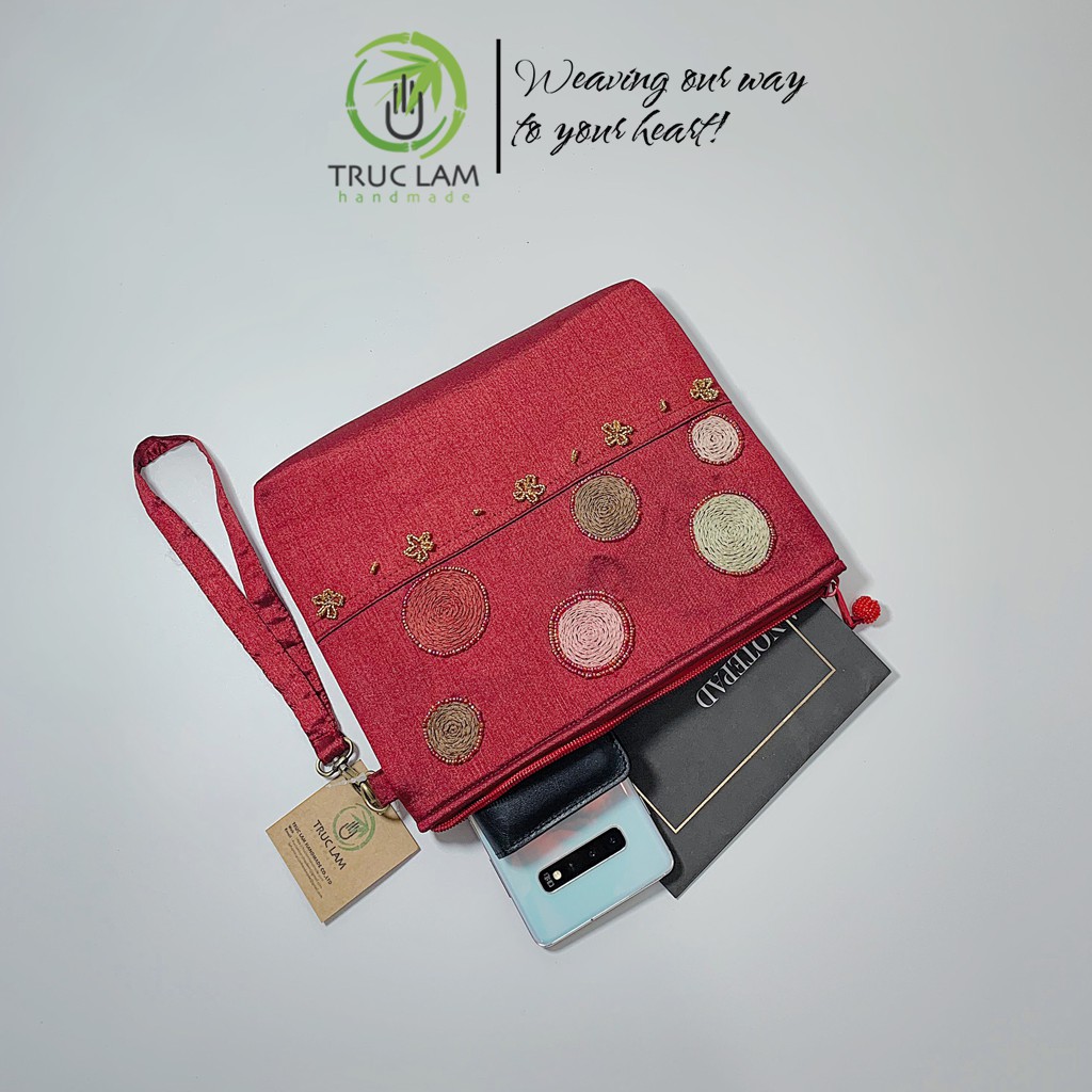 Ví Cầm Tay Đựng Ipad Clutch Vải Tafta Thêu Vòng Tròn Hạt Cườm Thủ Công Cỡ Bé - Trúc Lâm Handmade