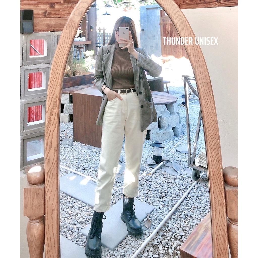Quần Jean Nữ Dáng Baggy Ống Suông Basic Màu TrắngThunderUnisex Chất Vải Dày Dặn Mềm Mại Phong Cách Ulzzang Fullsize