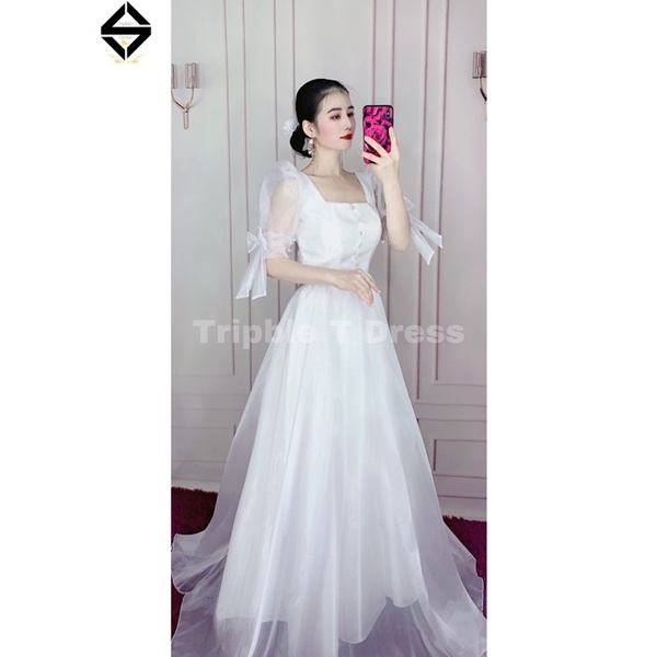 Đầm maxi cưới TRIPBLE T DRESS tay ngắn phồng kết nơ tay phối nút bọc - size S/M/L -MS162Y