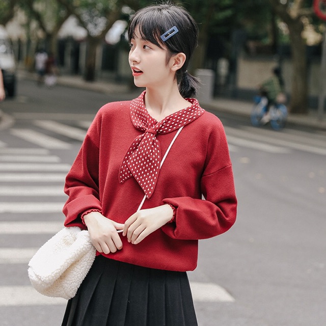 Áo len dài tay thắt nơ chấm bi | BigBuy360 - bigbuy360.vn