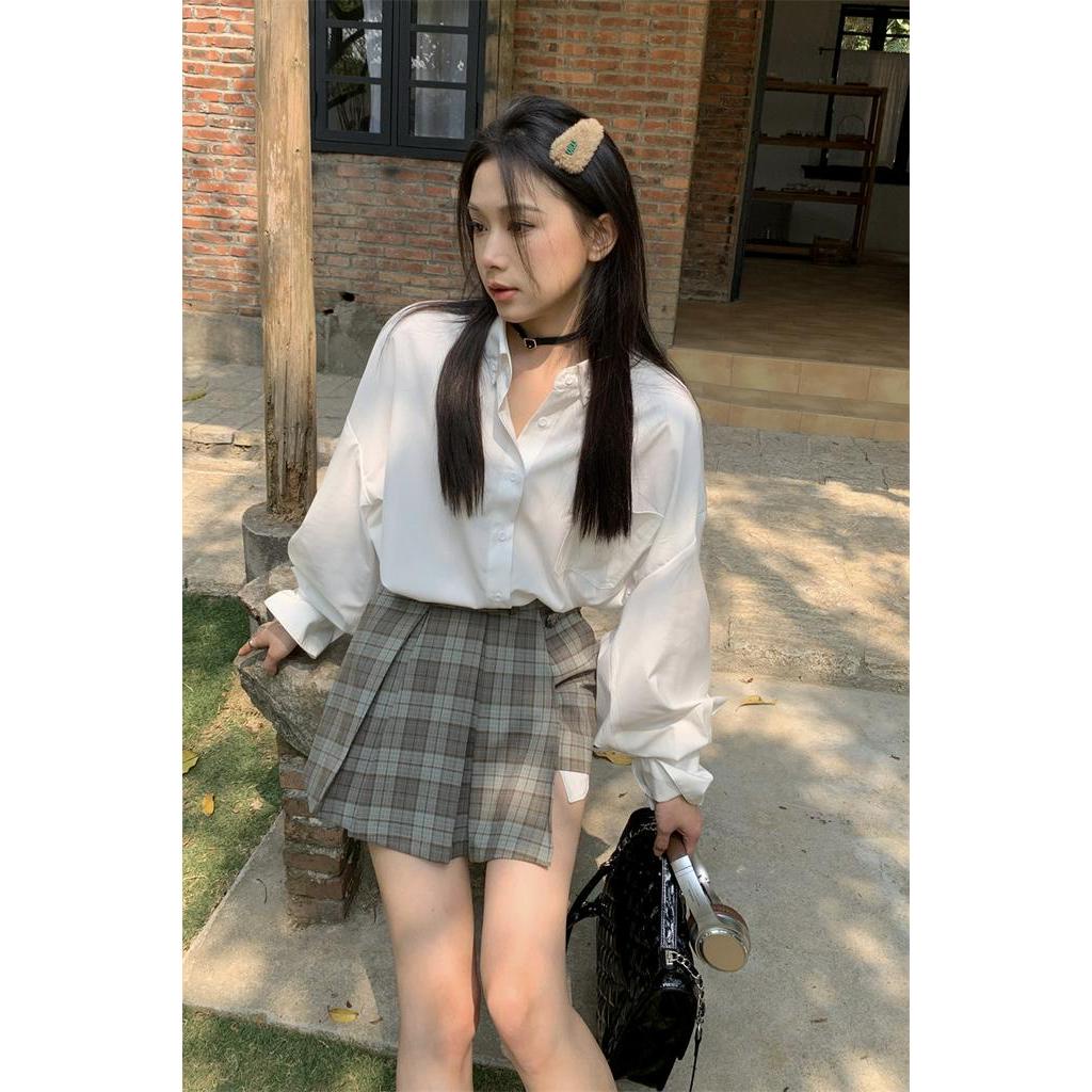 Bộ Áo Sơ Mi Trắng Tay Loe Kèm Chân Váy Phong Cách Preppy Ngọt Ngào Dễ Phối Đồ 63503