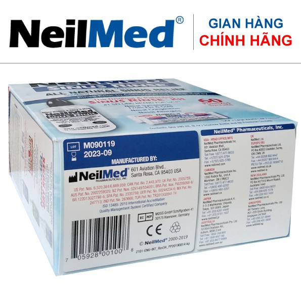 Bình (Bộ Dụng Cụ) Rửa Mũi Người Lớn NeilMed Sinus Rinse Kit 60 Sachets (1 bình + 60 gói muối)