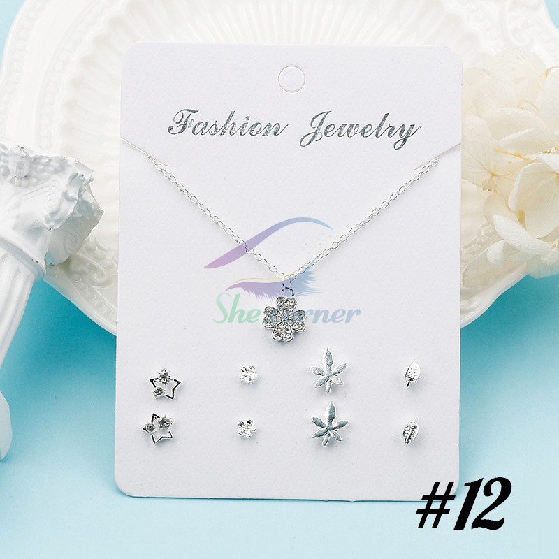 Set 4 đôi bông tai kèm 01 dây chuyền đính đá Hàn Quốc K65 màu bạc 12 kiểu dáng đáng yêu cho nữ