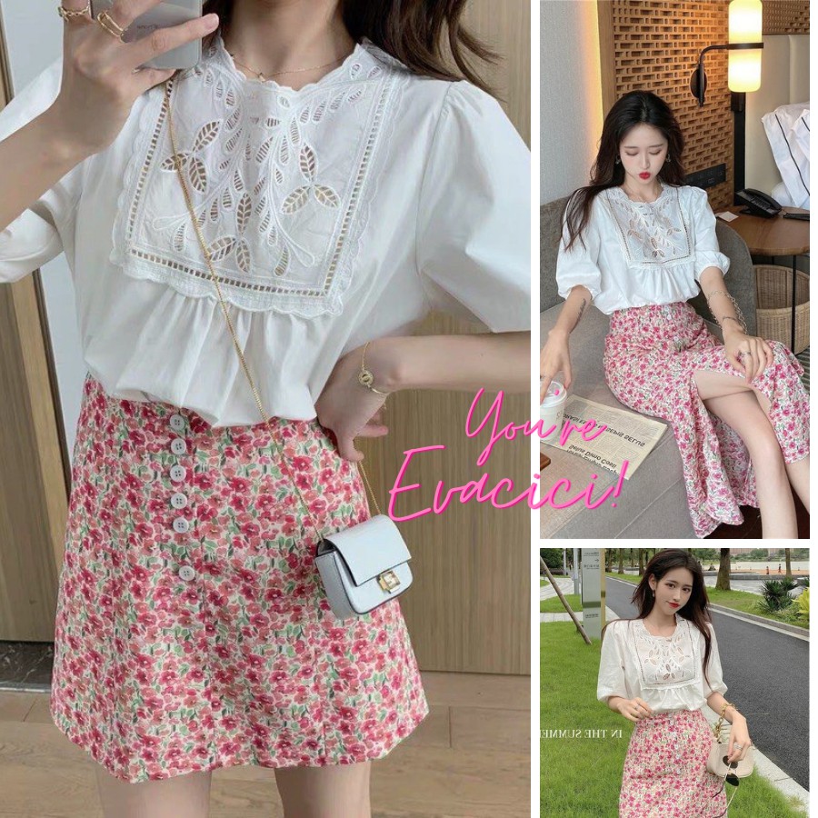 {Evacici}Sơ mi nữ cổ điệu thêu hoa tay phồng. Sơ mi babydoll cổ điệu tay phồng.