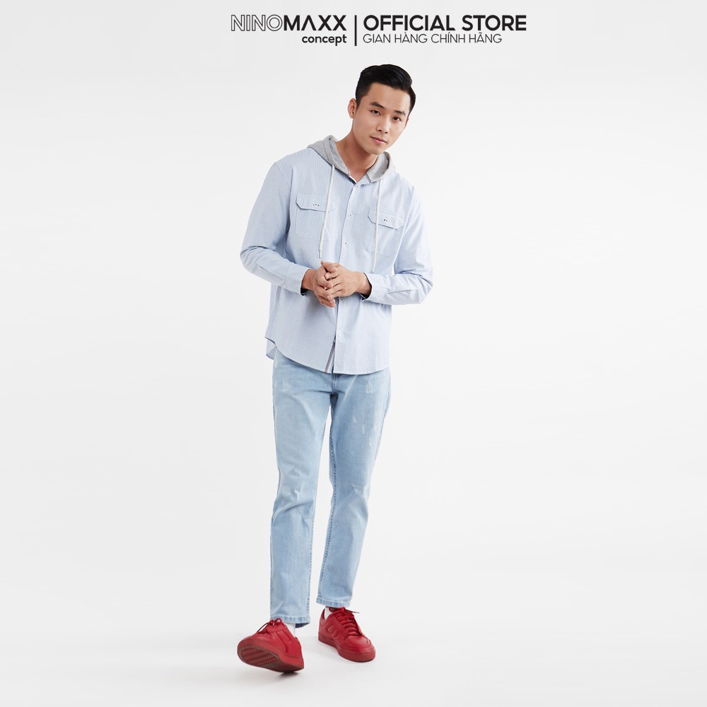 NINOMAXX Áo sơ mi nam phối nón màu sọc xanh 1912057