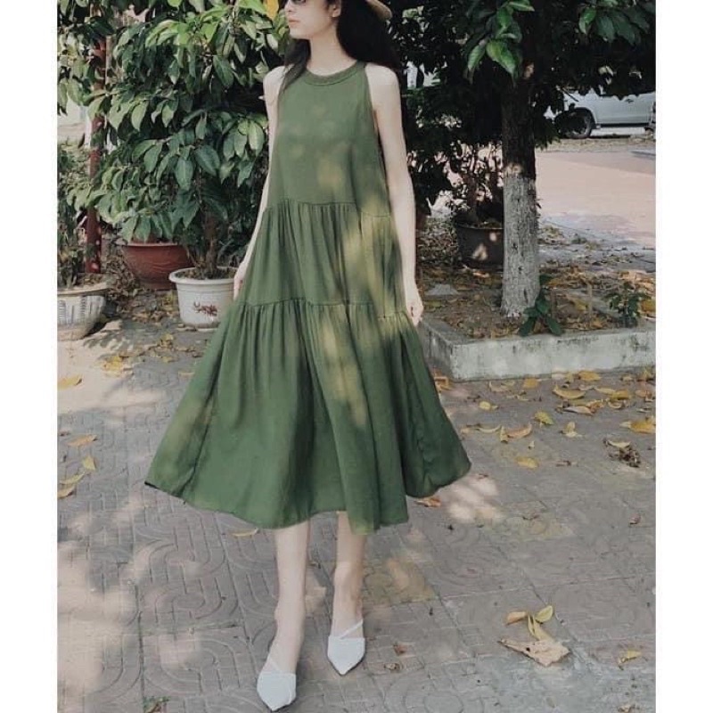 Váy Maxi Đũi Cổ Yếm Dáng Babydoll-Đầm Nữ Vintage Xoè Tầng Kèm Ảnh Thật
