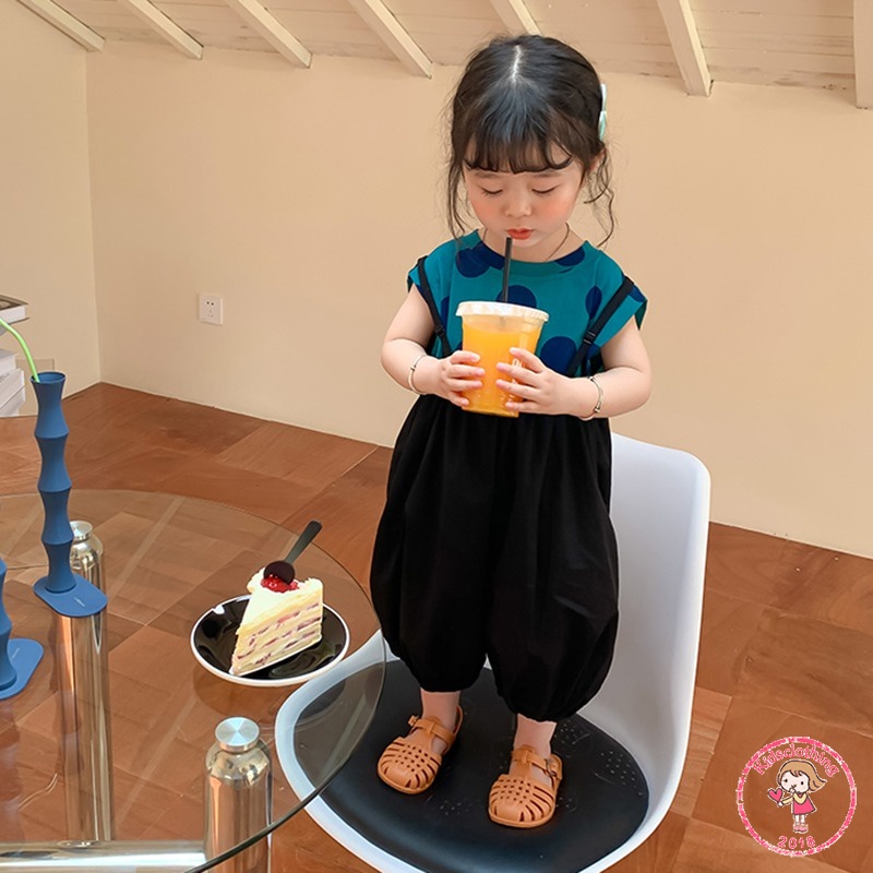 Set Áo Sát Nách Cổ Tròn Họa Tiết Chấm Bi Và Quần Yếm Thời Trang Mùa Hè Cho Bé Gái