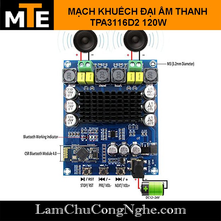 Mạch khuếch đại âm thanh Amply Bluetooth 4.0 CSR8635 chip TPA3116D2 công suất 2x120W