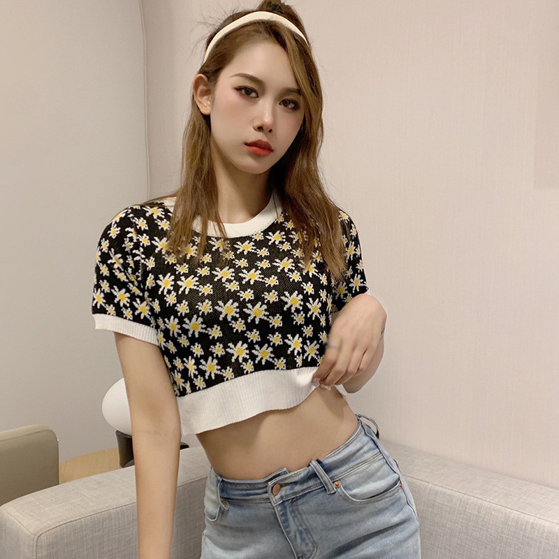 Áo Thun Dệt Kim Tay Ngắn Cổ Tròn Hở Rốn In Họa Tiết Hoa Ngọt Ngào Phong Cách Hàn Quốc Cho Nữ