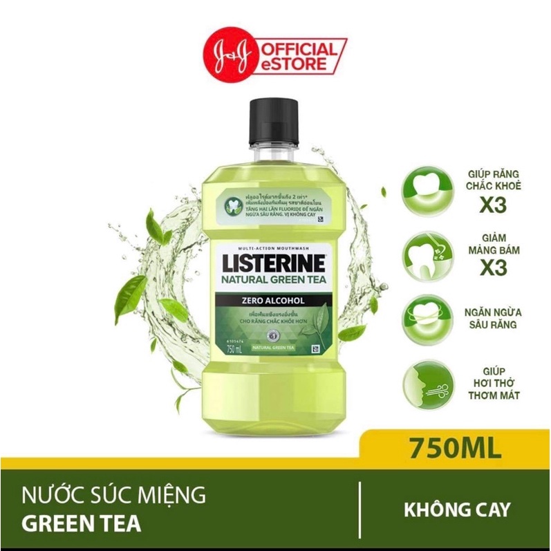 Nước Súc Miệng Listerine Ngừa Sâu Răng Vị Trà Xanh Không Cay - Natural Green Tea 750ML/250ML