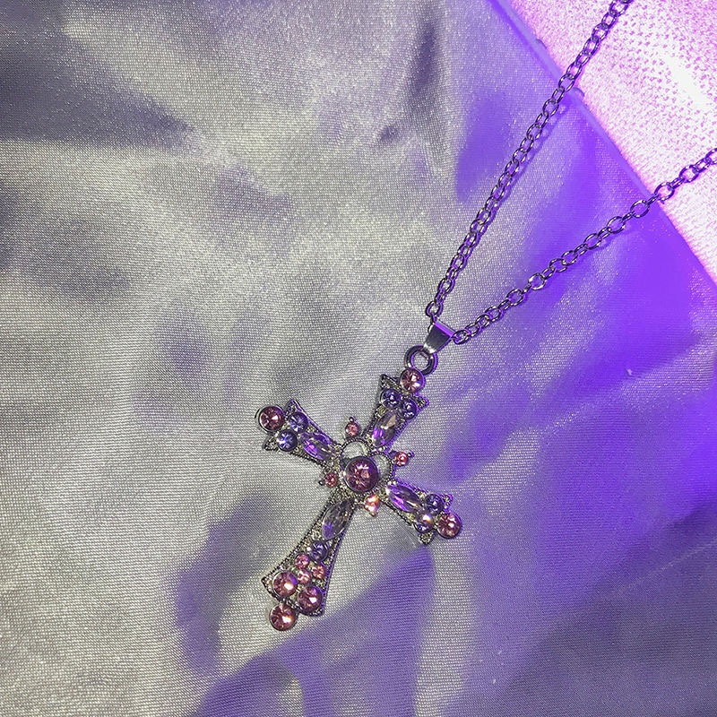 Vòng Cổ Dây Xích Mặt Thánh Giá Màu Hồng / Tím Đính Đá Zircon Y2K Phong Cách Gothic Punk Mới Cho Nữ