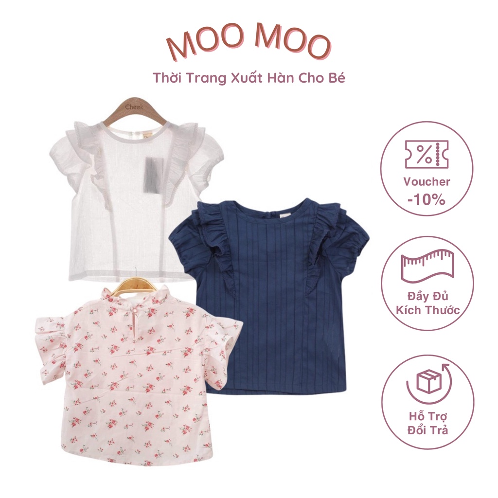 Áo sơ mi bé gái cheek hàn quốc cổ tròn tay ngắn tay bèo chất cotton dệt màu trắng / xanh / hồng in hoa nhí