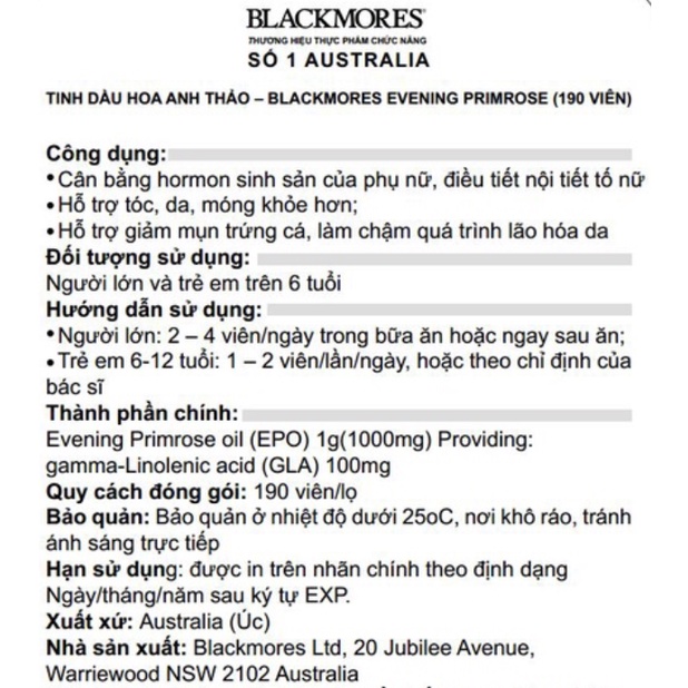 Tinh dầu hoa anh thảo Blackmores Úc 190 viên