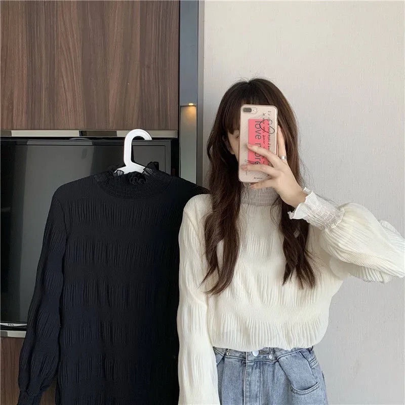 Áo sơ mi cổ cao lưới ren tay dài dáng rộng phong cách thu đông thời trang cho nữ