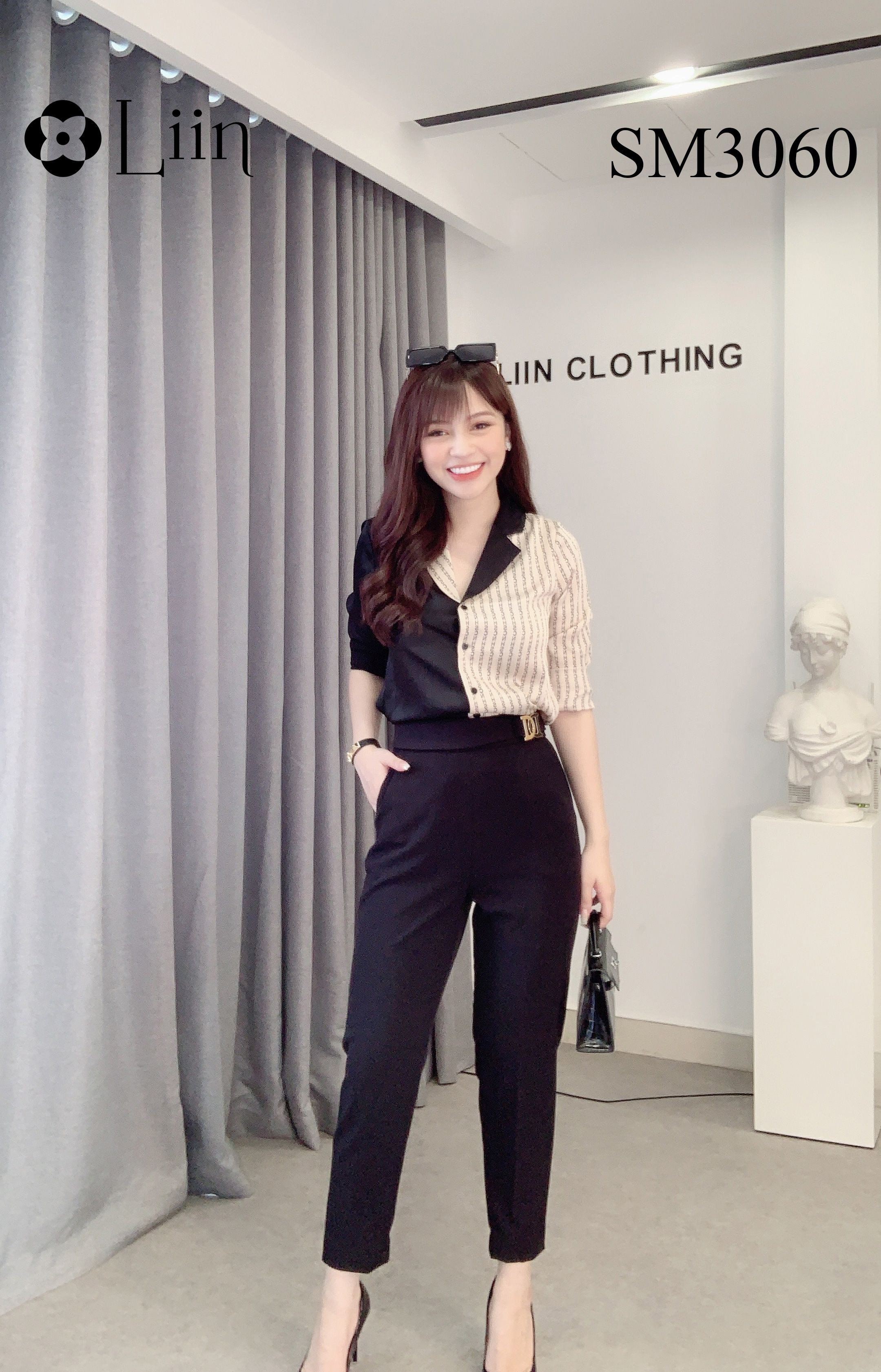 Áo sơ mi nữ màu Đen cao cấp phối Chữ kết hợp Cổ Vest sành điệu Liin Clothing SM3060