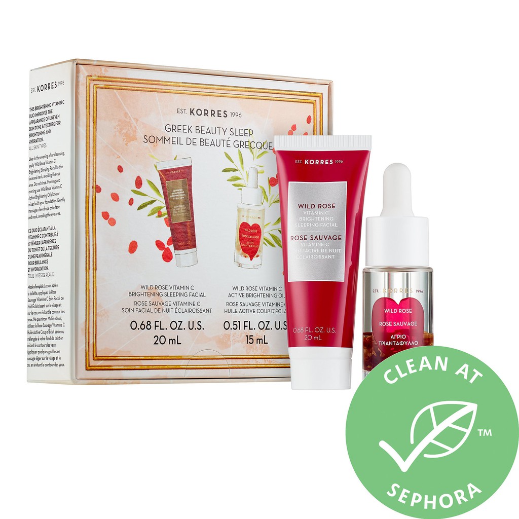 Set dưỡng Korres Greek Beauty Sleep 2 món gồm Wild Rose oil và mặt nạ ngủ