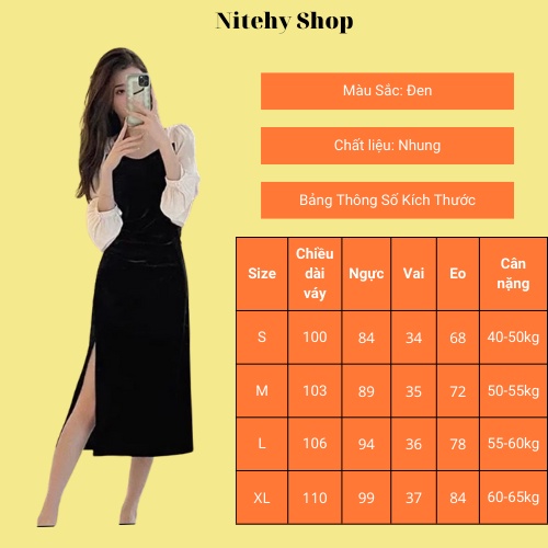 Váy nữ đẹp body nhung dáng dài phối tay voan trắng xẻ tà trẻ trung thanh lịch kiểu dáng Hàn Quốc NITEHY 19