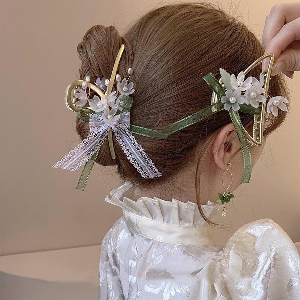 Kẹp Tóc Càng Cua Đính Nơ Phối Ren Rỗng Họa Tiết Hình Học Phong Cách Trung Hoa Ngọt Ngào Cho Nữ