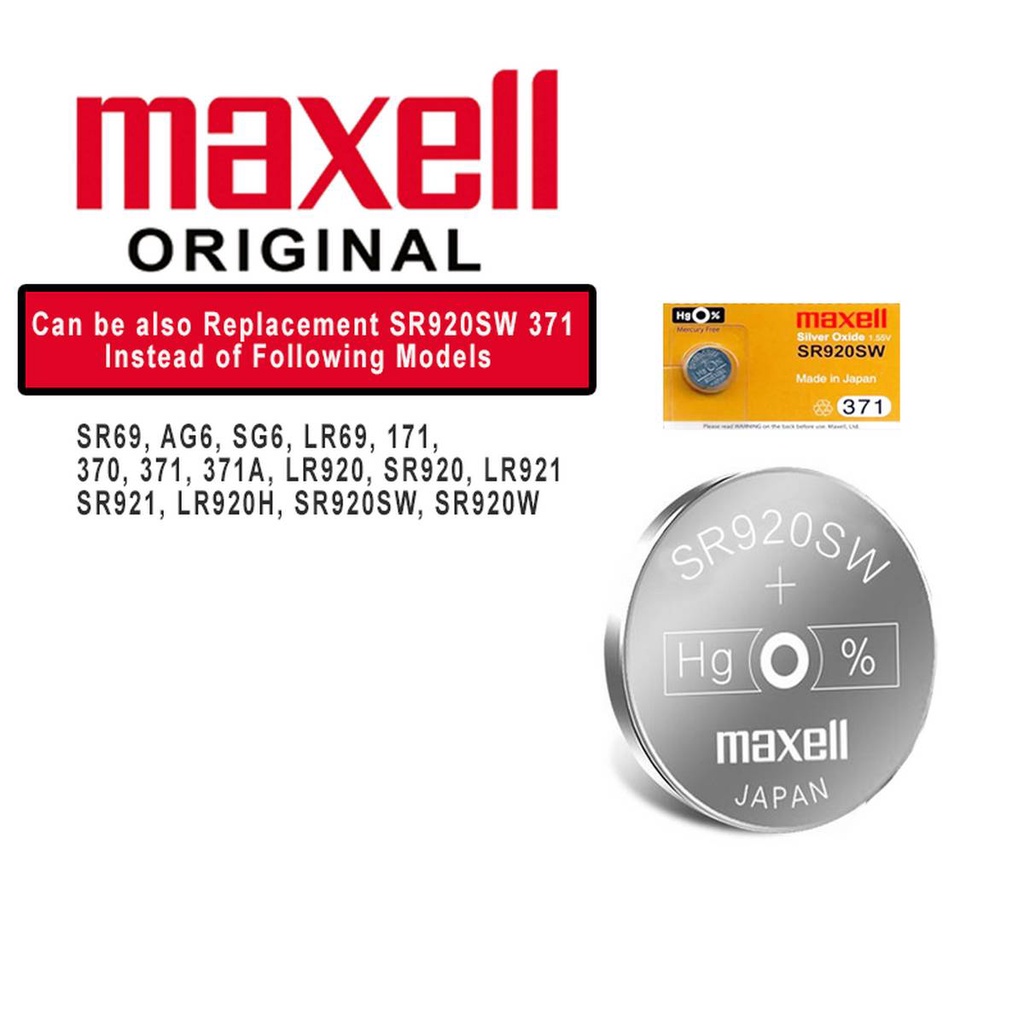 5 viên pin Maxell AG6 / 371 / SR920SW / LR920 / 171 / 370 / L921 / LR69 / SR920 Silver Oxide 1.55Volt (Nội địa Japan)