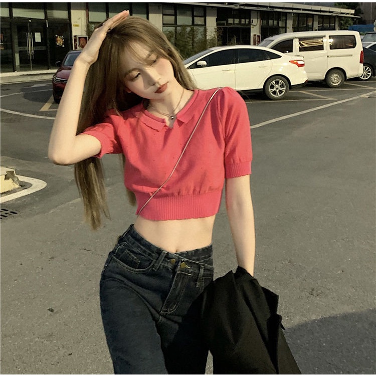 Áo Croptop Dệt Kim Tay Phồng Phối Ren Thời Trang Mùa Xuân Hàn Quốc Ngọt Ngào