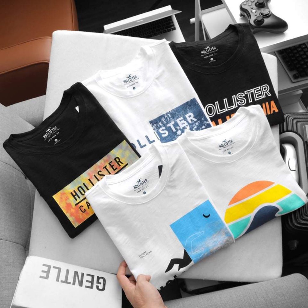 Áo thun Hollister xuất khẩu ngắn tay không cổ in hình không nổ, chất cotton chuẩn có nhiều mẫu để chọn