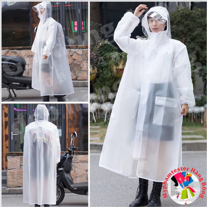 Áo mưa trắng đục cho cả nam và nữ, phong cách Hàn Quốc có kính che mặt trong suốt trắng chất xịn