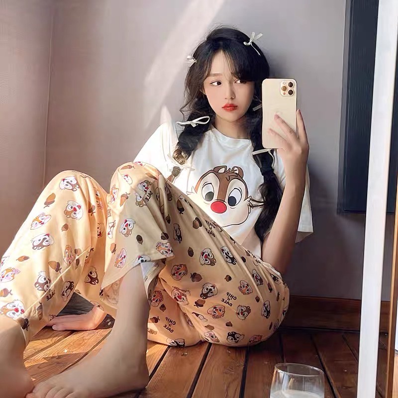 Đồ bộ nữ mặc nhà quần dài hoạ tiết hoạt hình dễ thương kèm áo thun form rộng thoải mái SIB087