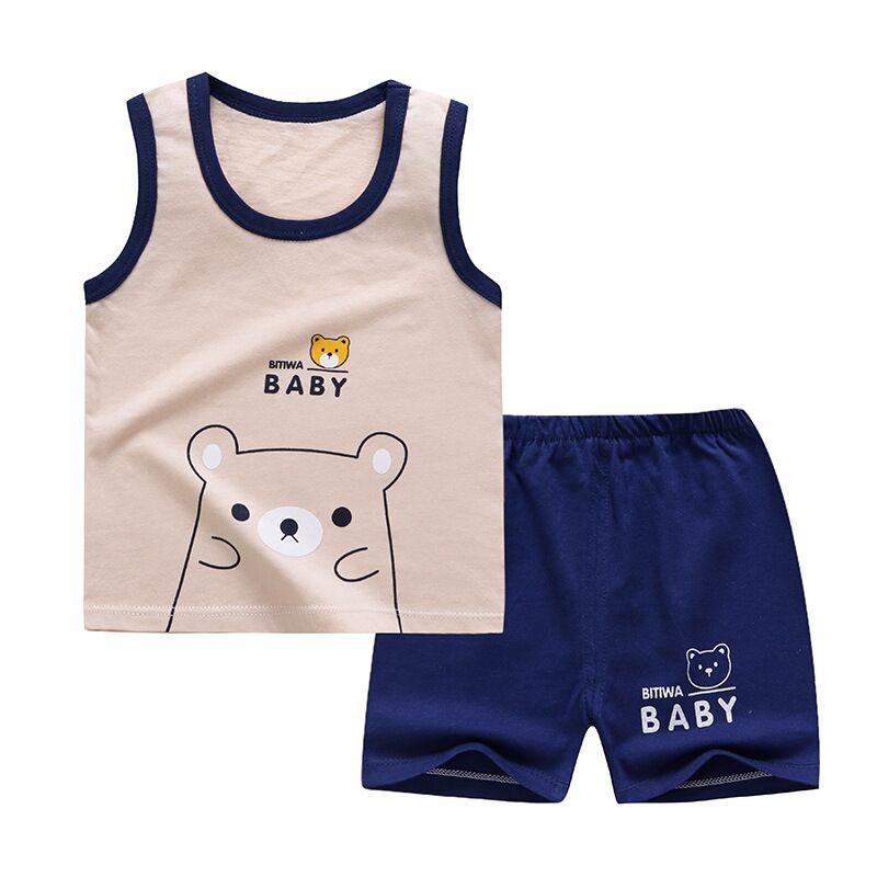 Breathable Cotton Vests T-shirts + Pants Suit For baby  Kids cartoon Clothes Unisex Undershirt Cartoon Children  Sleeveless Underwear 70-130cm