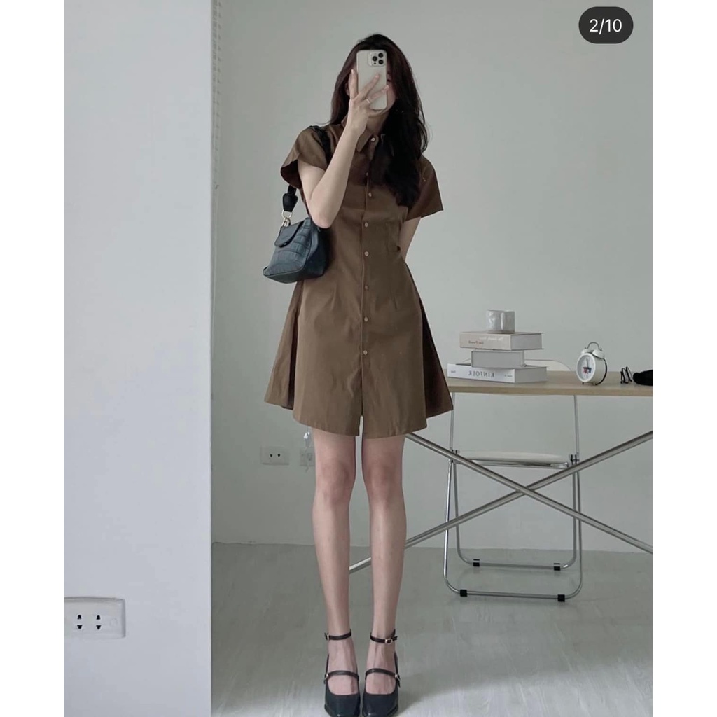 Váy Kaki 2 Da Cúc Gỗ Tay Ngắn Chun Eo Sau 4 Màu, Labibi