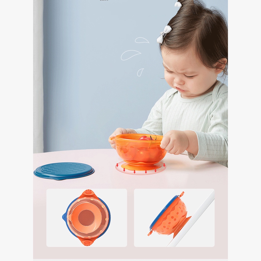 Bộ 3 Cái Chén Ăn Dặm Có Giác Hút Chống Rơi Chống Bỏng Có Nắp Đậy Cho Bé Luyện Tập Khả Năng Tự Ăn Dặm