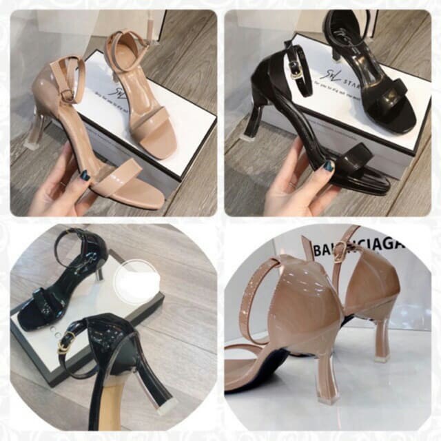 Sandal bít gót da bóng quai mảnh gót nhọn 5 phân màu đen/kem