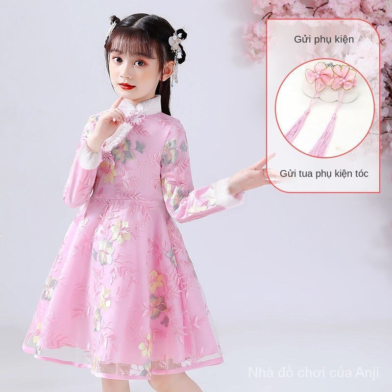 New Girl Autumn And Winter Dress Hanfu Cheongsam Dress Children Baby Velvet