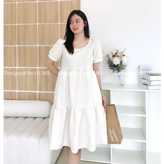 Váy bầu bigsize thiết kế GuMe dáng babydoll 3 tầng tiểu thư tay bo chất vải đũi xốp thoáng khí mềm nhẹ 40-120KG GM034