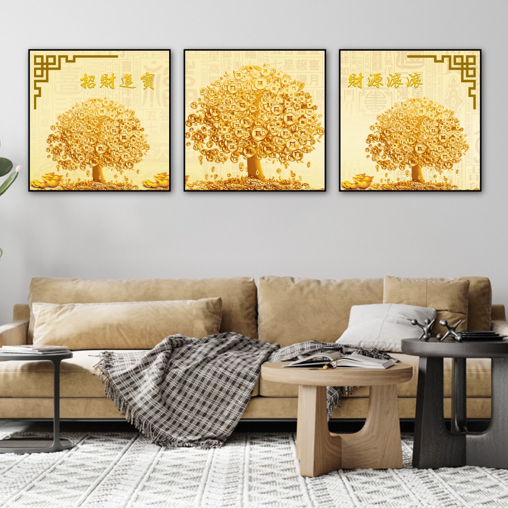 Tranh treo tường canvas 3D cây đồng tiền vàng decor trang trí phòng khách, phòng ngủ có khung cao cấp khổ lớn hình vuông