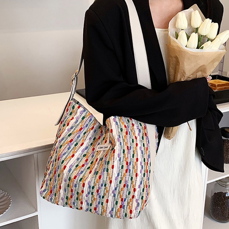 Túi Đeo Vai Vải Len Màu Cầu Vồng Cỡ Lớn Dễ Phối Đồ Cho Nữ