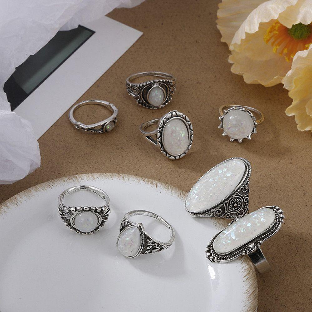 Bộ 8 Nhẫn Hợp Kim Trong Suốt Thời Trang|Vòng Tay Bohemian Màu Sắc Thời Trang