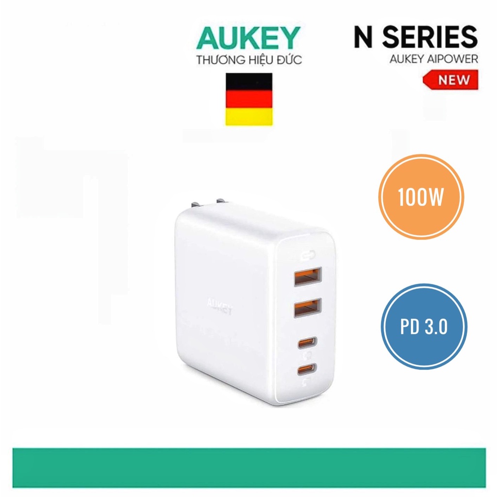Củ Sạc Siêu Nhanh 102W 4 Cổng Aukey PA-B7 - GaN - PD 3.0 - QC 4.0 - 2 x Type C - 2 x USB - Sản Phẩm Chính Hãng