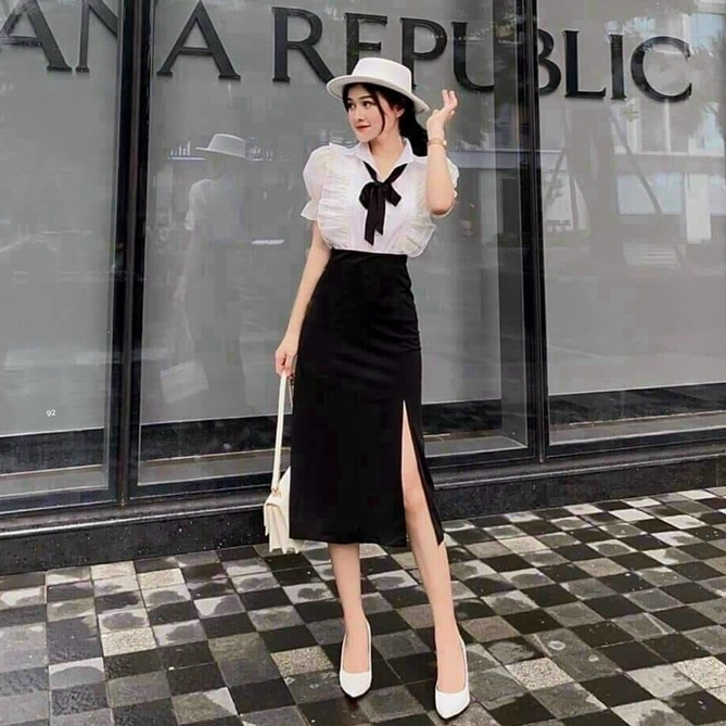 Sét Áó 2 Lớp Bèo Cài Nút Thật  Có Nơ,Cổ Sơ Mi Kèm Chân Váy Xẻ Tà Mẫu Như Hình Siêu Xinh Phù Hợp Mọi Phong Cách