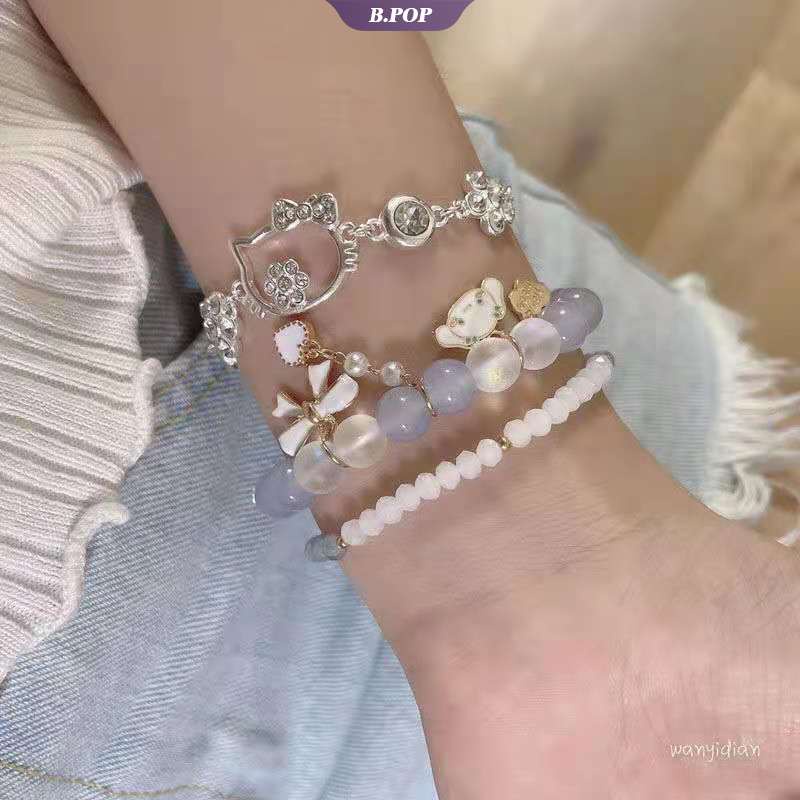 SANRIO Vòng Tay Chuỗi Hạt Ngọc Trai Nhân Tạo Màu Hồng Hoạt Hình Dễ Thương Ngọt Ngào Phong Cách Hàn Quốc Thời Trang Cho Nữ