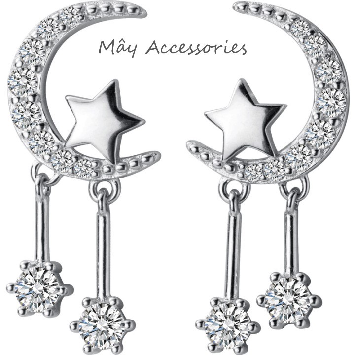 Khuyên sát trái tai bạc 925 cao cấp hình ngôi sao, mặt trăng đính đá zircon Mây Accessories