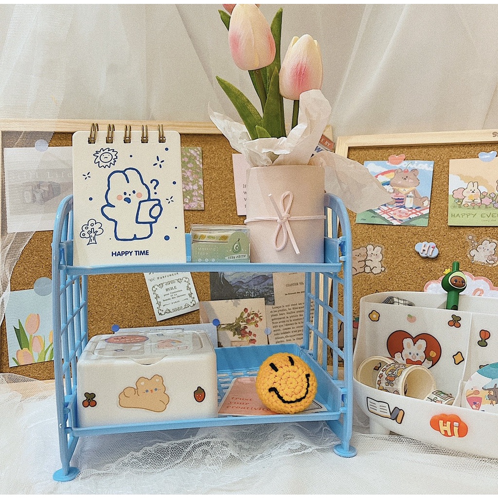 Kệ nhựa mini, giá sách 2 tầng để đồ dùng học tập trang trí bàn học dành cho cô gái dễ thương