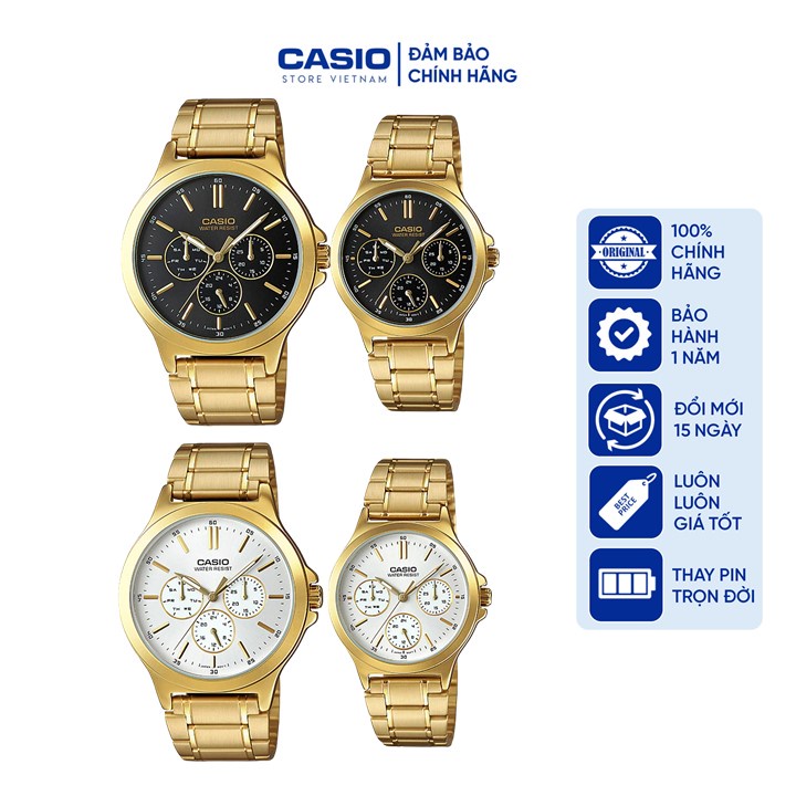 Đồng hồ Đôi Nam nữ Casio V300G, đồng hồ chính hãng, dây thép màu vàng mặt 6 kim