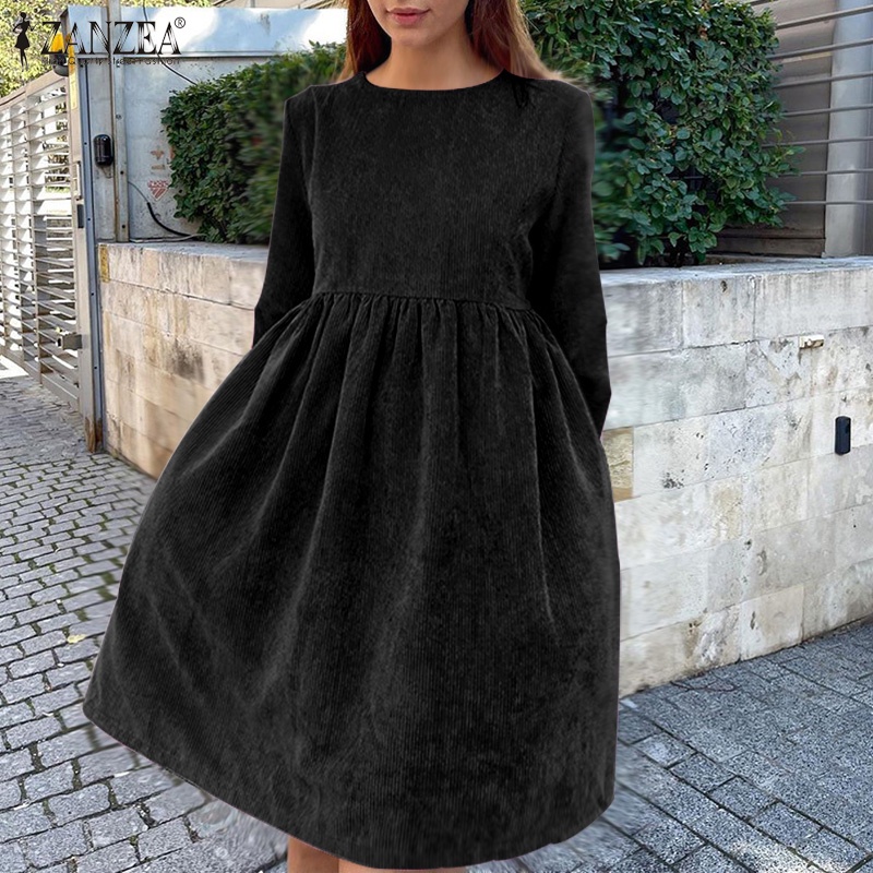 Đầm chữ A mini ZANZEA tay dài cổ tròn màu trơn thời trang phong cách châu Âu cho nữ