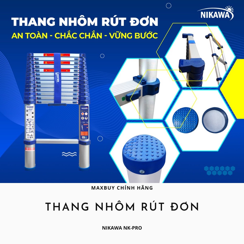 Thang nhôm rút đơn xếp gọn đa năng 11-14 bậc 3,2 đến 4,8m nhập khẩu Nhật Nikawa PRO bảo hành 18 tháng giao hỏa tốc HN