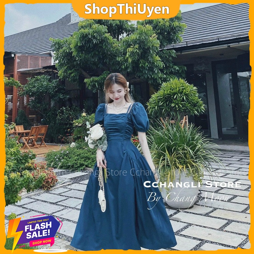 Đầm kate dài nhẹ nhàng nhún ngực tay ngắn cổ vuông form dáng xòe