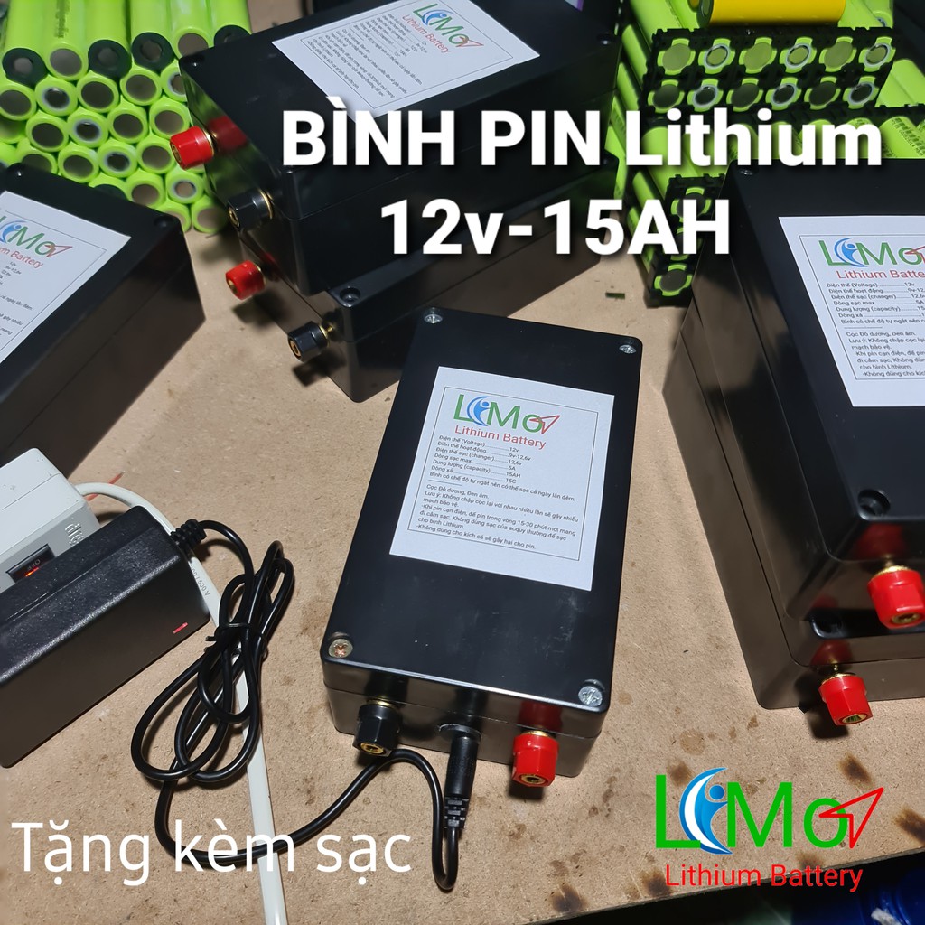 LIMO - Bình Acquy pin Lithium 12,6v 15AH Xả 60A MAX. Tặng kèm sạc 3S 12,6v. Đóng từ pin Lithium 18650 MỚI, Dòng xả cao