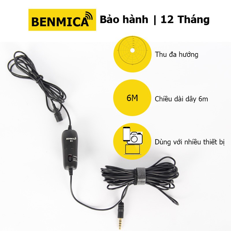 Micro thu âm cài áo Benmica B1 cho điện thoại, máy ảnh, máy quay, máy tính - Hàng chính hãng