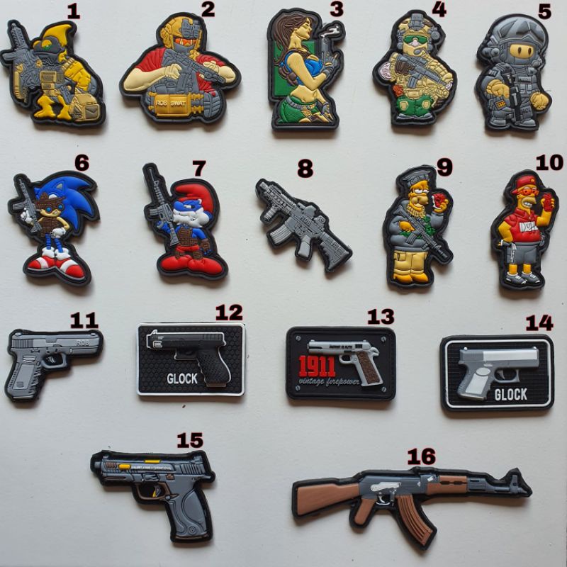 Logo Cao Su pvc Dập Nổi 3D Nhân Vật Chiến Binh Quân Đội / sniper / the simpsons / the smurfs / super sonic / velcro